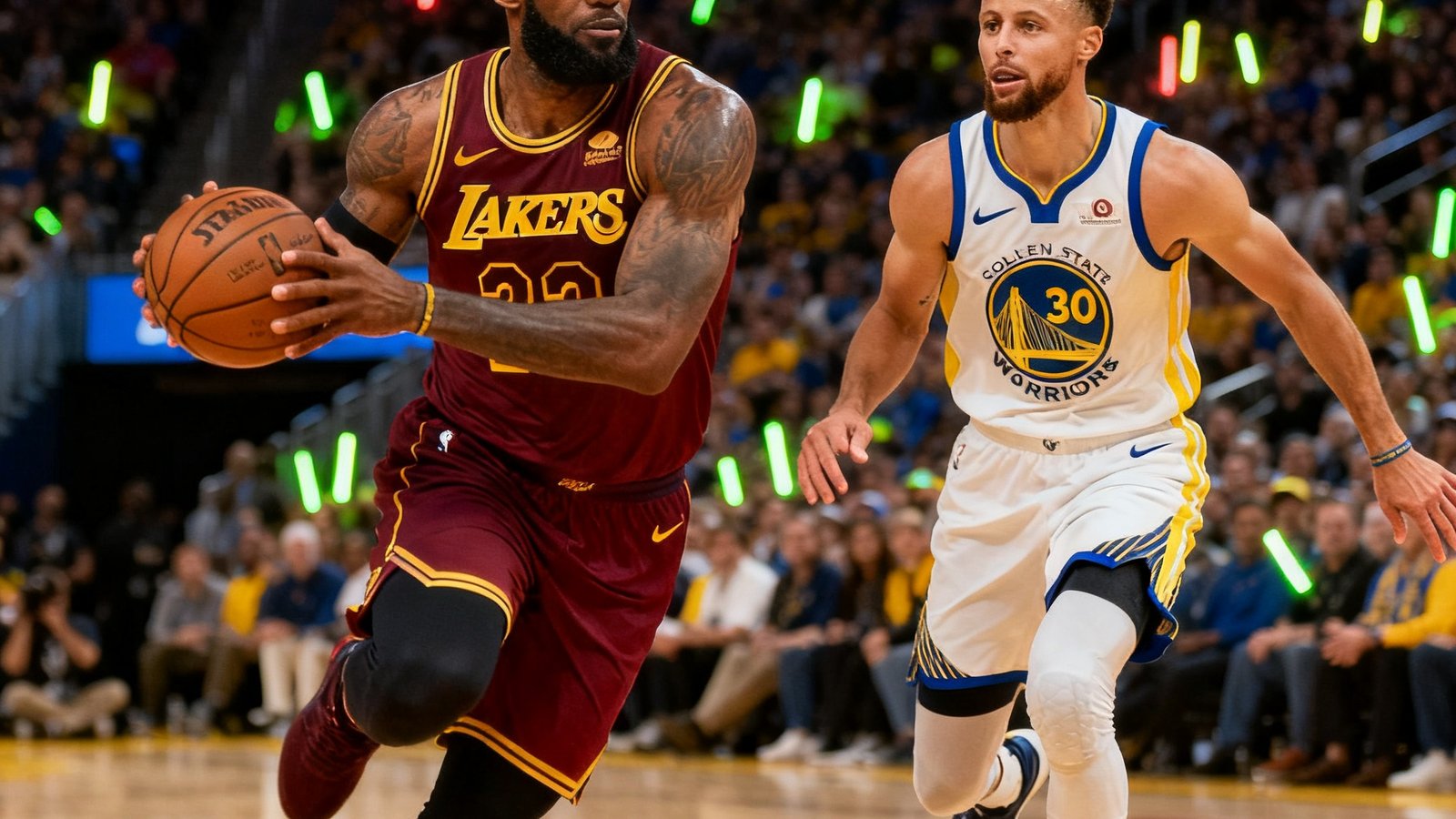 NBA常规赛洛杉矶湖人对阵金州勇士，詹姆斯持球突破内线，库里在外线寻找投篮空间，斯台普斯中心座无虚席，灯光聚焦在球场中央。